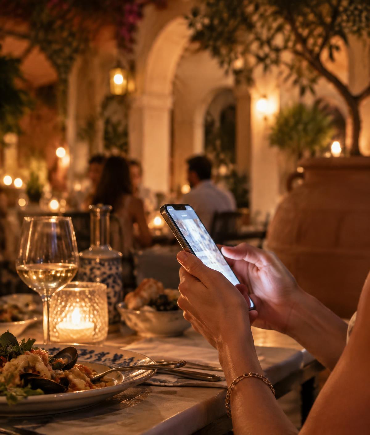 Cliente che usa l'app a tavola in un ristorante mediterraneo